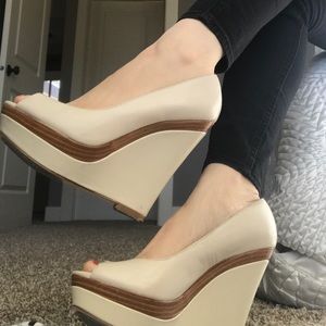 Aldo Cream Peep Toe Wedge Pumps